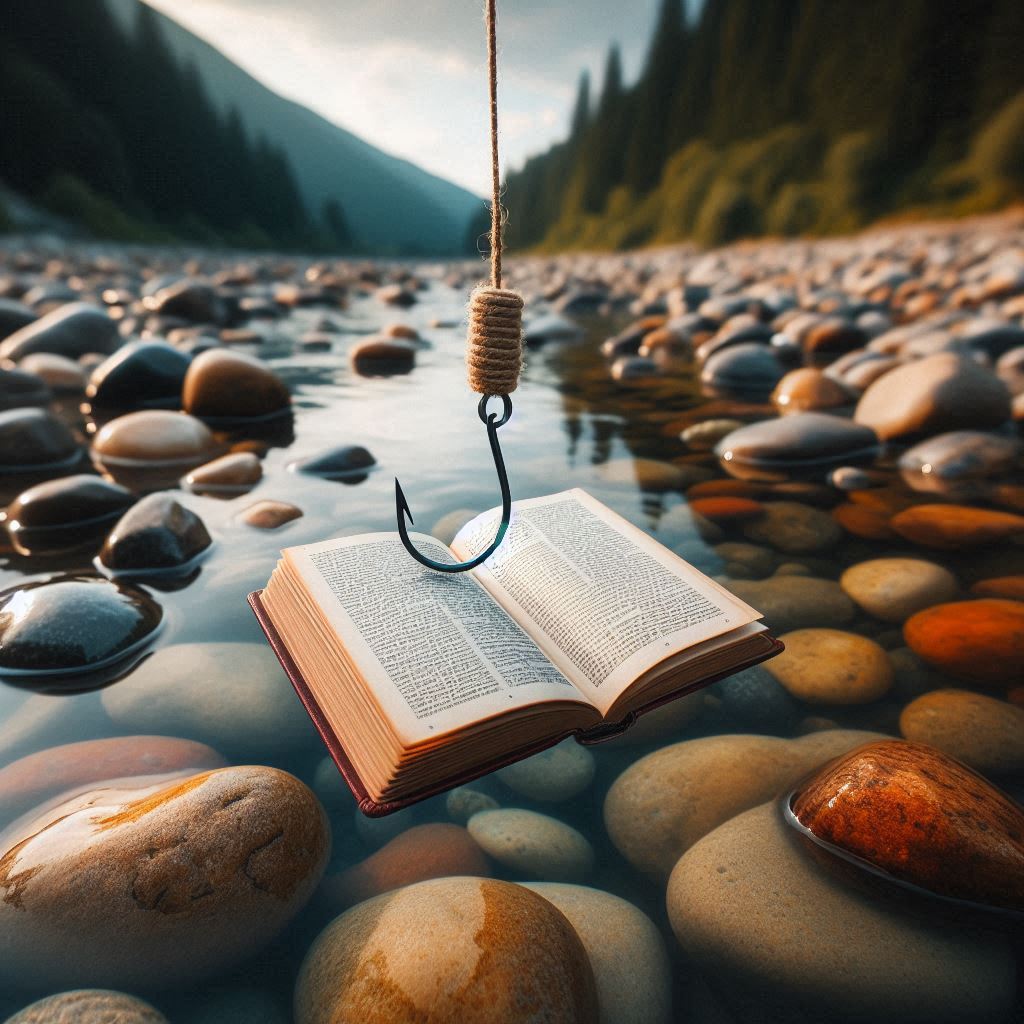 AI Generated image of a hook floating over a book in a brook